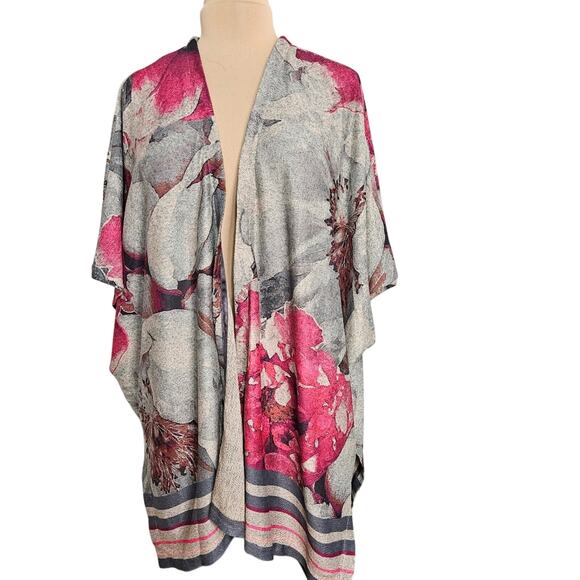Chico's Floral Kimono Pink Gray Sweater Cardigan Bloomcore Outerwear XL Mature - Picture 1 of 11